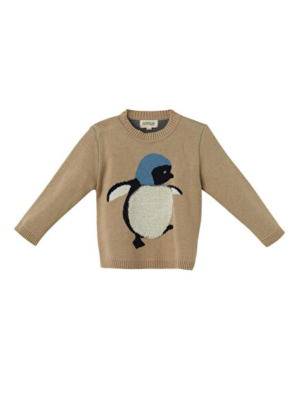 Milk Coffee Organic Cotton Penguin Patterned Sweater