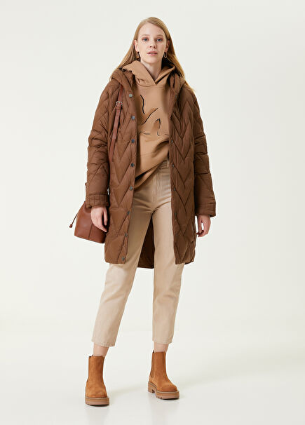 Camel Hooded Quilted Long Coat