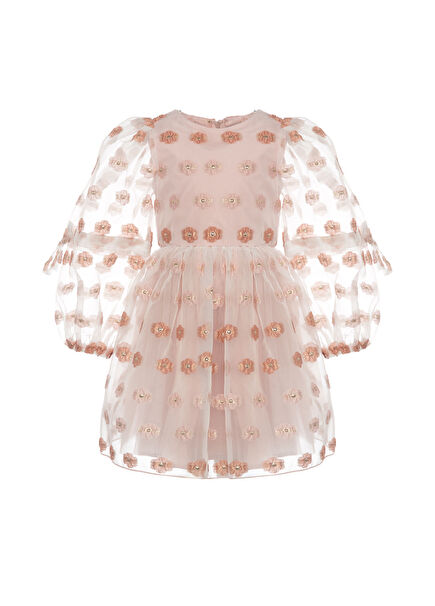 Pembe Organze Çiçek Detaylı Jakarlı Kız Çocuk Elbise