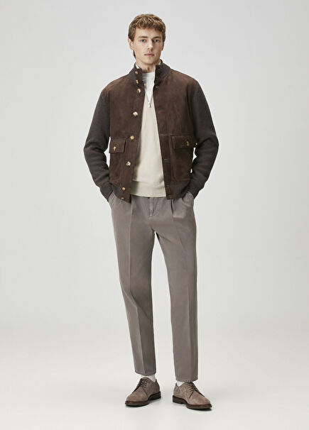 Dark Brown Knit Garnish Suede Coat