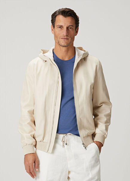 Bej Kapüşonlu Deri Mont