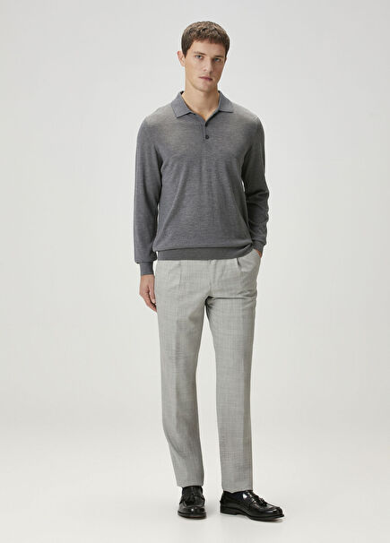 Açık Gri Pile Detaylı Yün Pantolon