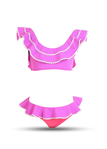 Purple Water Stone Detail Boat Collar Girls Bikini Set