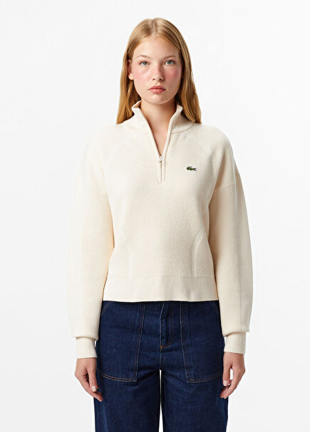 Krem Rengi Yarım Fermuarlı Relaxed Fit Kadın Kazak