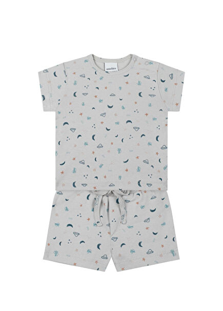 Gri Uzay Baskılı T-shirt & Şort Erkek Bebek 2'li Set