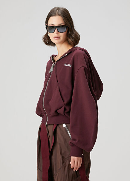 Bordo Kapüşonlu Fermuarlı Sweatshirt