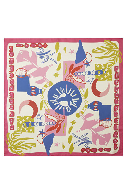 Çok Renkli Güneşli Kaz Desenli İpek Eşarp