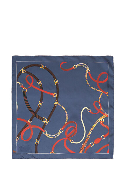 Navy Blue Chain Patterned Women's Silk Scarf