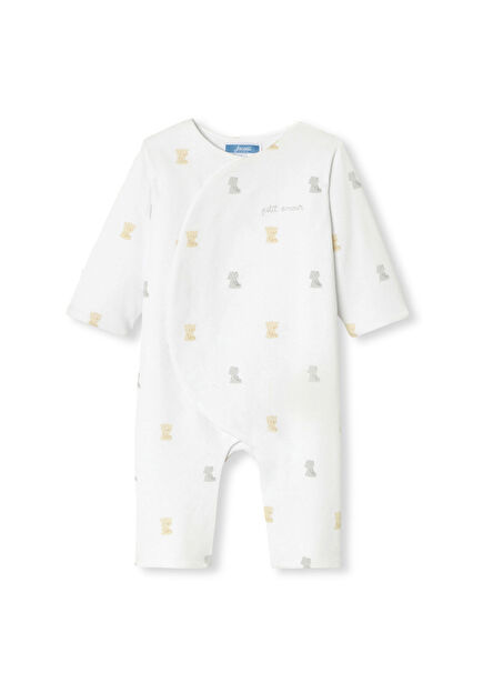 Beyaz Ayıcık Motifli Jarse Erkek Bebek Tulum