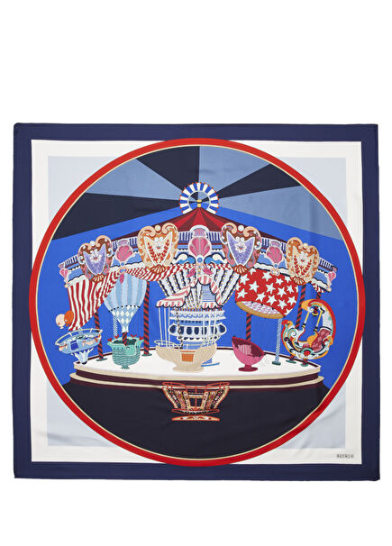 Multicolored Carousel Patterned Silk Scarf