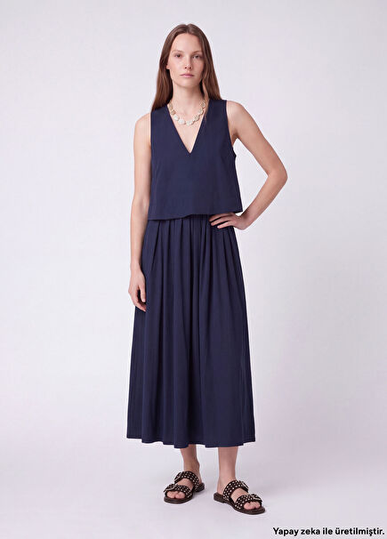 Navy Two-Piece Midi Flared Taffeta Dress