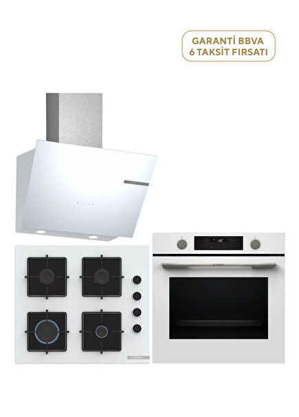 HUA736EV0T Serie 4 Oven POP6C2P31O Glass Cooktop DWK66PJ20T Serie 4 Cooker Hood White Built-in Set