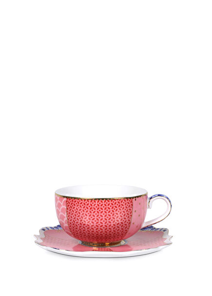 Royal Pink Patterned Porcelain Coffee Cup and Saucer