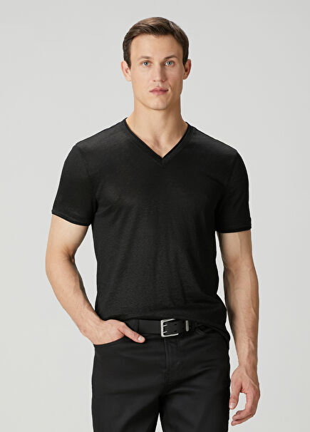 Slim Fit Wooster Siyah V Yaka Keten T-shirt