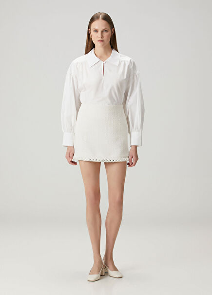 Ekru İşlemeli Mini Tweed Etek