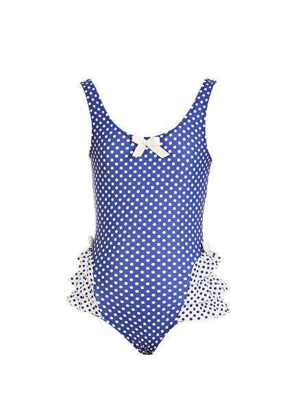 Retro Polka Blue Dot Patterned Ruffle Bow Detailed Girls' Swimsuit
