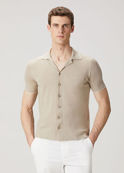 Bej Kısa Kollu Keten Triko Gömlek