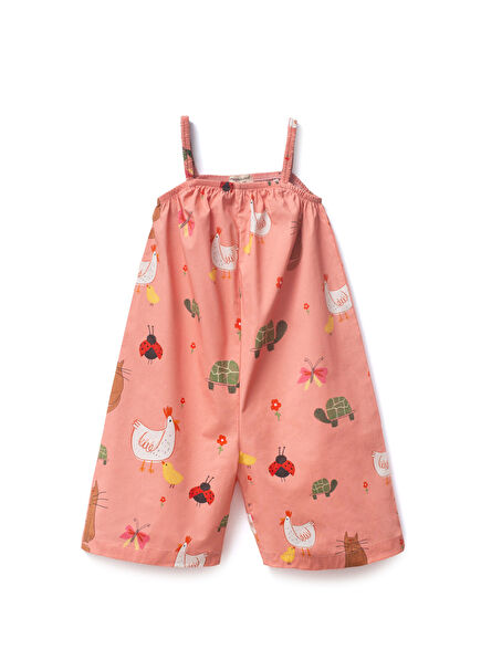 Little Farm Desenli Pembe Kız Çocuk Tulum Salopet