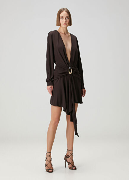 Kahverengi Drapeli Mini Elbise