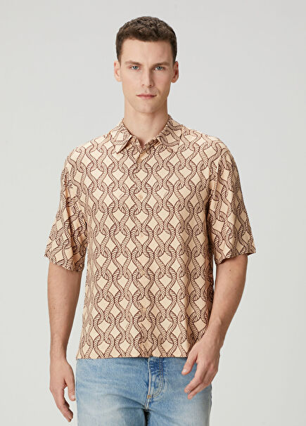 Krem Halat Desenli Kısa Kollu Gömlek