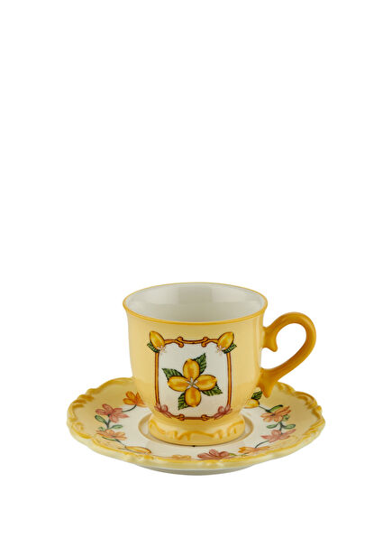 Il Sogno Yellow Patterned Porcelain Set of 2 Coffee Cups and Saucers