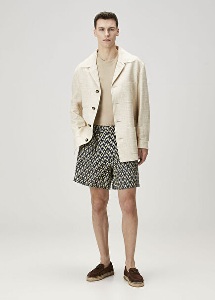 Beige Black Logo Patterned Linen Bermuda