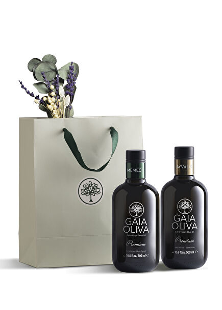 Premium Memecik and Ayvalık Early Harvest Natural Extra Virgin Olive Oil 2x500ml and Handmade Flower Gift Set