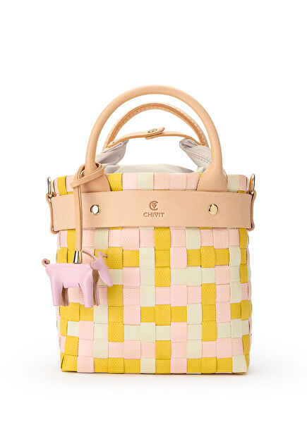 Aperlai Basket Bag Pembe Sarı El Yapımı Kadın Omuz Çantası