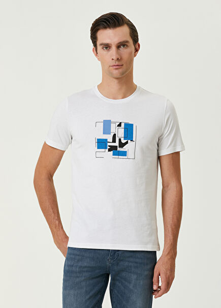 Beyaz Soyut Grafik Kaz Baskılı T-shirt