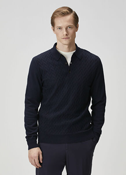 Navy Blue Wool Polo Sweater