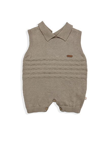 Bej Organik Pamuk Kolsuz Zikzaklı Erkek Bebek Şort Tulum