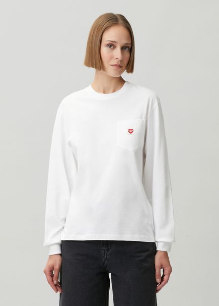 Beyaz Cep Detaylı Uzun Kol T-shirt