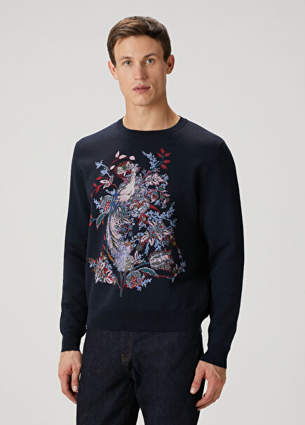 Navy Blue Floral Jacquard Sweatshirt