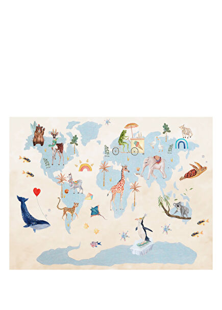 Around The World Beige Blue Washable Children's Carpet 160 x 230 cm
