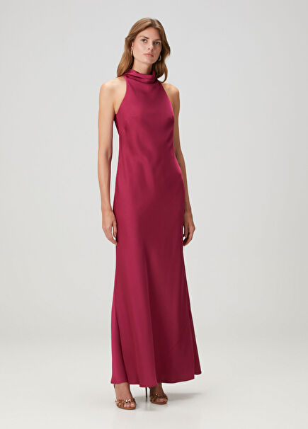 Burgundy Maxi Satin Evening Dress