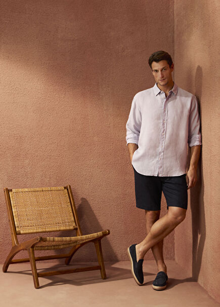 Navy Blue Waist Corded Linen Bermuda