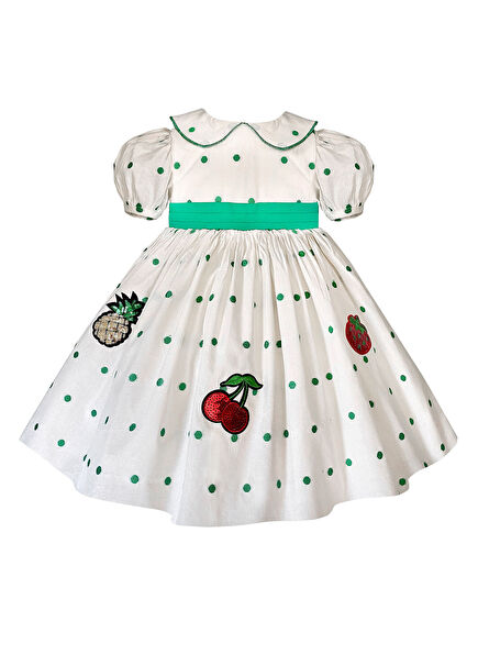 Ecru Polka Dot Short Sleeve Girl's Dress