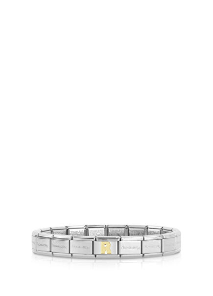 İtalyan Charm Gümüş 18 Ayar Altın R Harfi Çelik Unisex Bileklik 