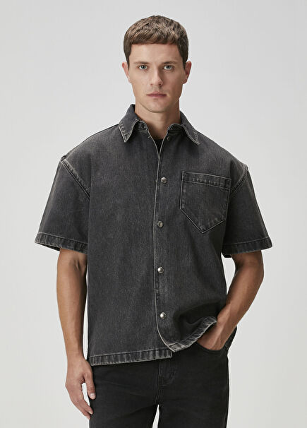 Relaxed Fit Antrasit Kısa Kollu Denim Gömlek