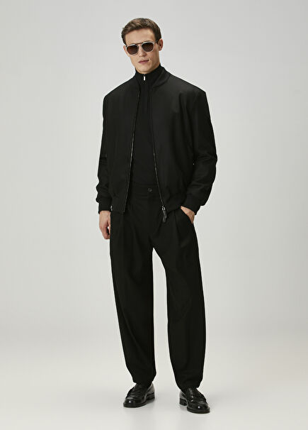 Siyah Çift Pilili Yün Pantolon