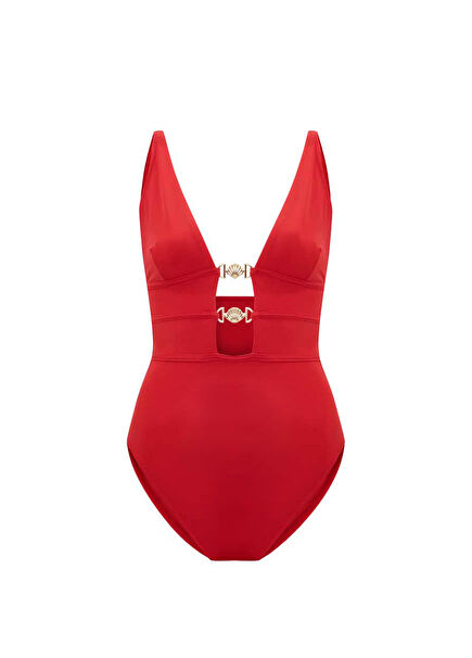 Thalena Cherry Gold Seashell Swimsuit with V-Neck Window Accessory