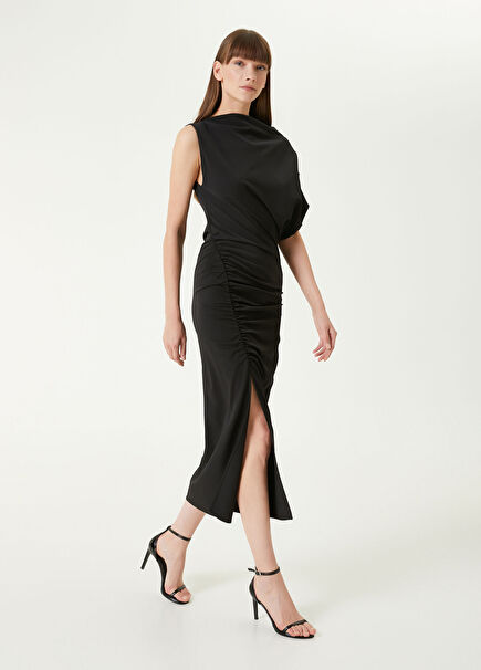 Siyah Asimetrik Midi Elbise