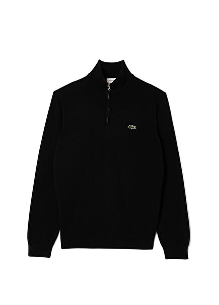 Siyah Pamuklu Yarım Fermuarlı Regular Fit Erkek Kazak