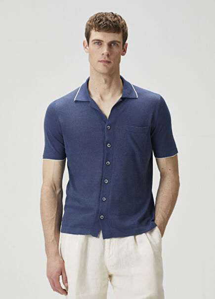 Jazz Indigo Kısa Kollu Keten Triko Gömlek