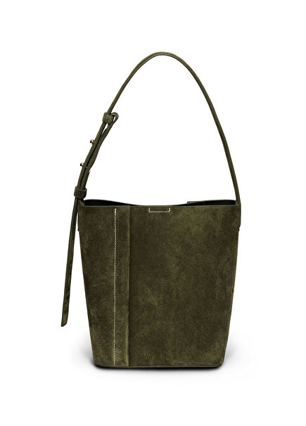 The Medium Tote Plissé Khaki Suede Women's Shoulder Bag