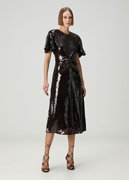 Brown Patterned Midi Cocktail Dress