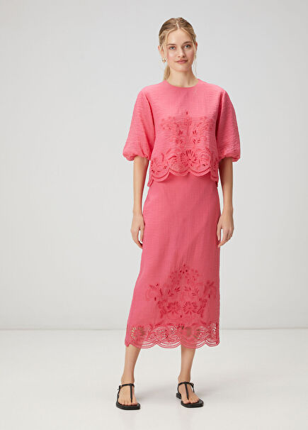 Pink Embroidered Midi Skirt