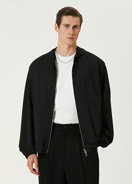 Black Hooded Logo Detailed Wool Coat