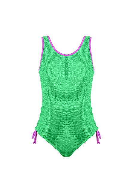 Green Textured Fabric Piping Detailed Girls' Swimsuit