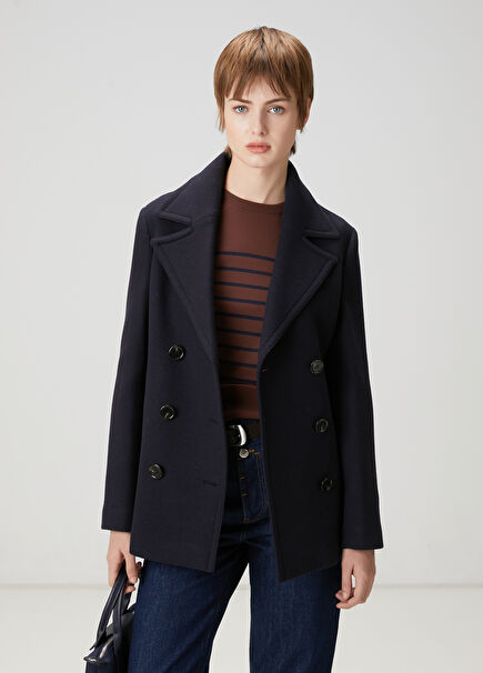 Navy Blue Double-Breasted Wool Coat